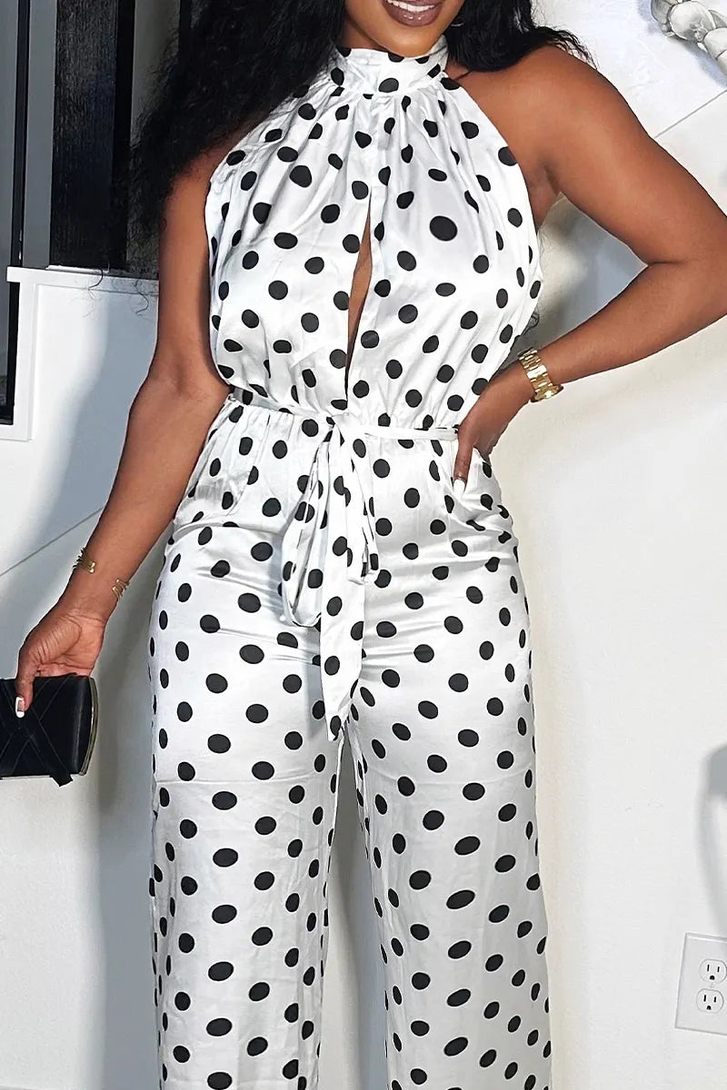 Women's Casual Sleeveless Polka Dot Halter Jumpsuit with High Waist, Keyhole Front & Pockets