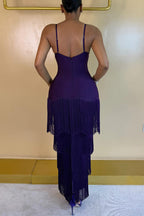 Women's Party Sparkling Rhinestone Fringe Hem Midi Dress