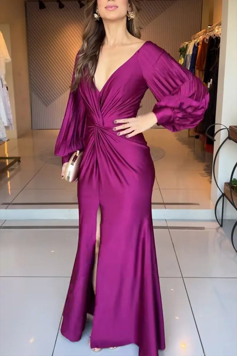 Women's Elegant Puff Sleeve Knot Trim Maxi Dress