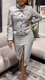 Women Round Neck Long Sleeved Patchwork Slit Style Commuting Midi Dresses