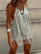 Women Neck Hanging Tassel Hollow Out Casual Vacation Style Dress