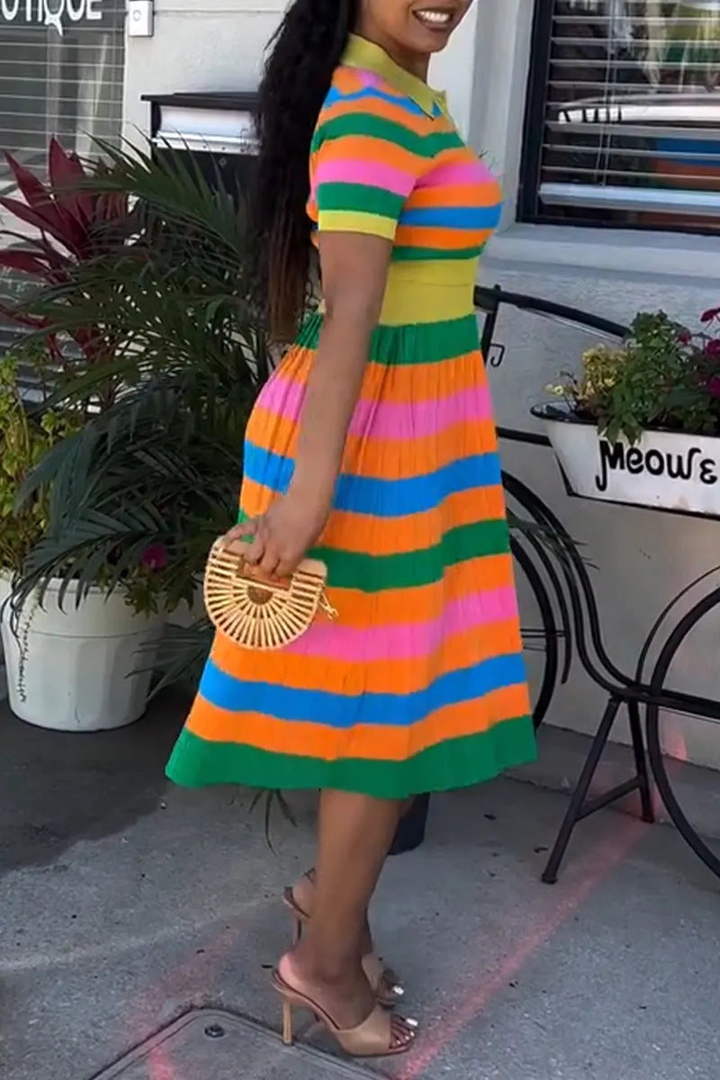 Women's Casual Multicolor Stripe Knit Top & Skirt