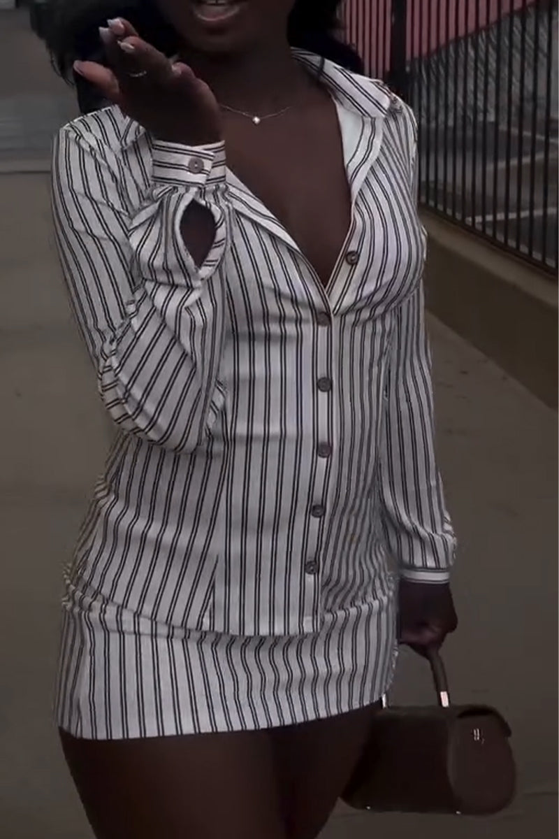 Women Collar Vertical Striped Shirt + Half Skirt Elegant Casual Set