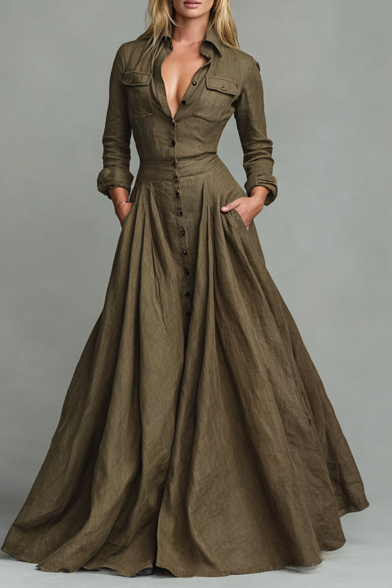 Womens Lapel Row Solid Color Elegant Temperament Dress