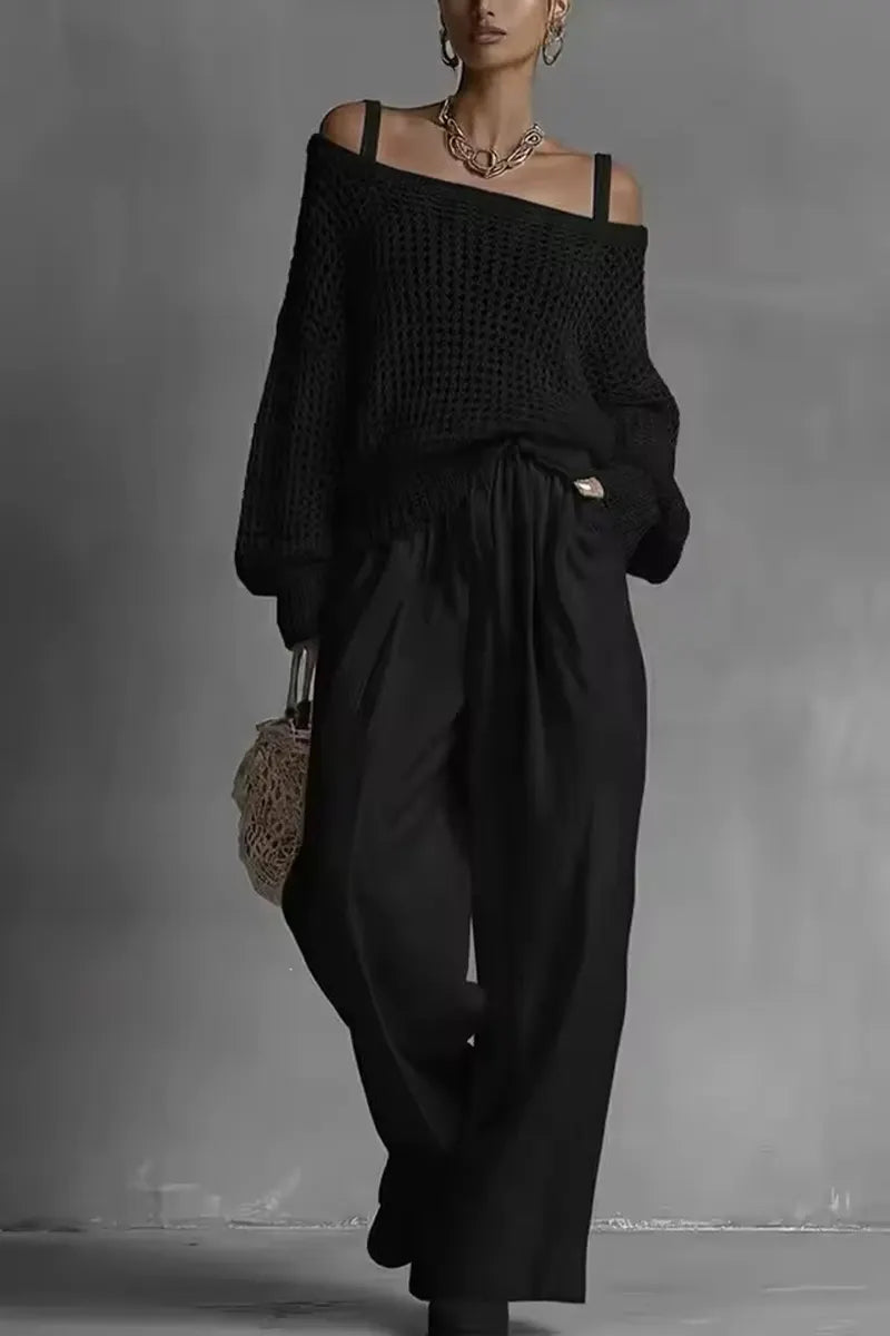 Women Suspender Woven Hollow Cover Shirt + Pants Casual Suit