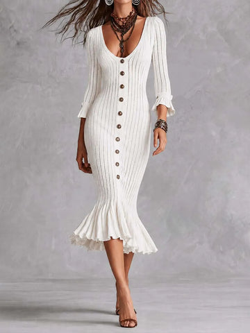 Elegant V Neck Button Front Ribbed Knit Ruffle Cuff Mermaid Midi Dress