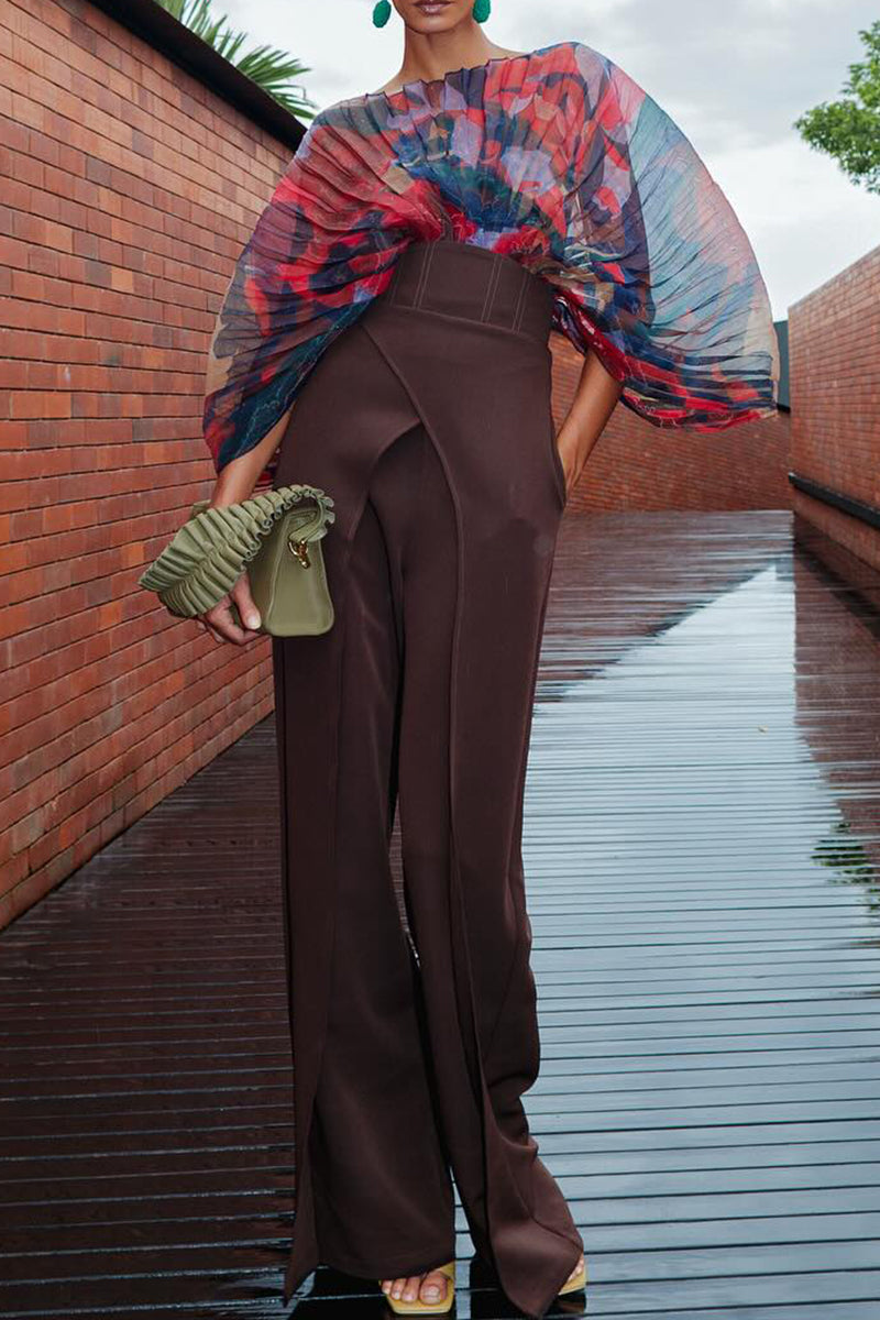 Women's Fashion Pleated Print Bodysuit & High Waist Double Layer Pants