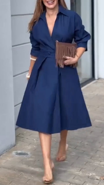 Women Laple Collar and Waist Cinched Solid Color Elegant Temperament Dress