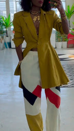 Women Collar Patchwork Jacket + Contrasting Pants