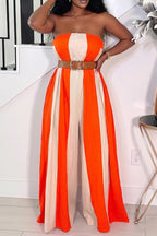 Women's Color Block Striped Tube Top Jumpsuit with Flowy Wide Leg Pants