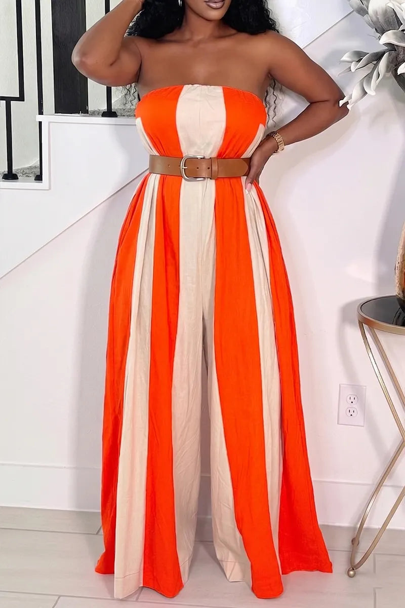 Women's Color Block Striped Tube Top Jumpsuit with Flowy Wide Leg Pants
