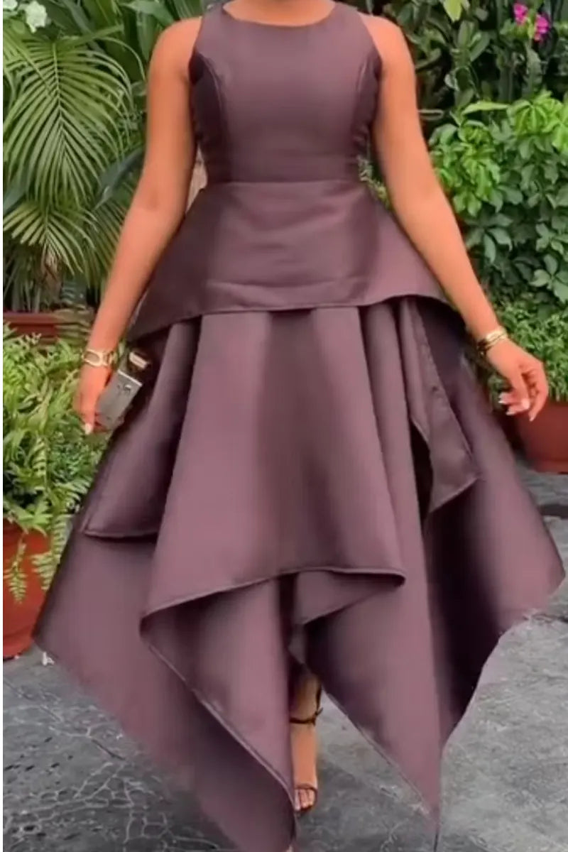 Women's Elegant Satin Peplum Waist Asymmetric Layered Maxi Dress
