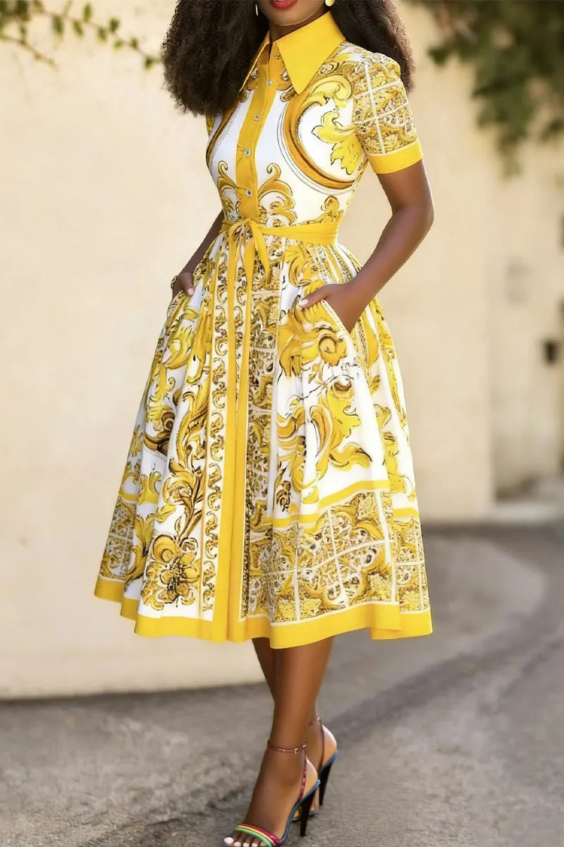 Women's Baroque Print Shirt Dress With Waist Tie