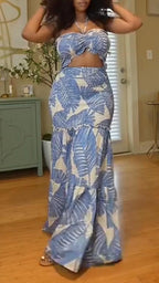 Women Neck Hanging Printed Top + Half Skirt Vacation Casual Style Set