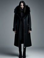 Women Fur Trim Warm Lined Hooded Eco Leather Trench Coat