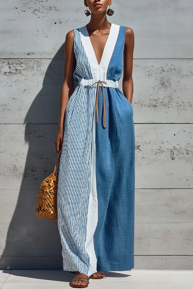 Women's Casual Color Block Stripe Solid Sleeveless Deep V Drawstring Waist Linen Maxi Dress
