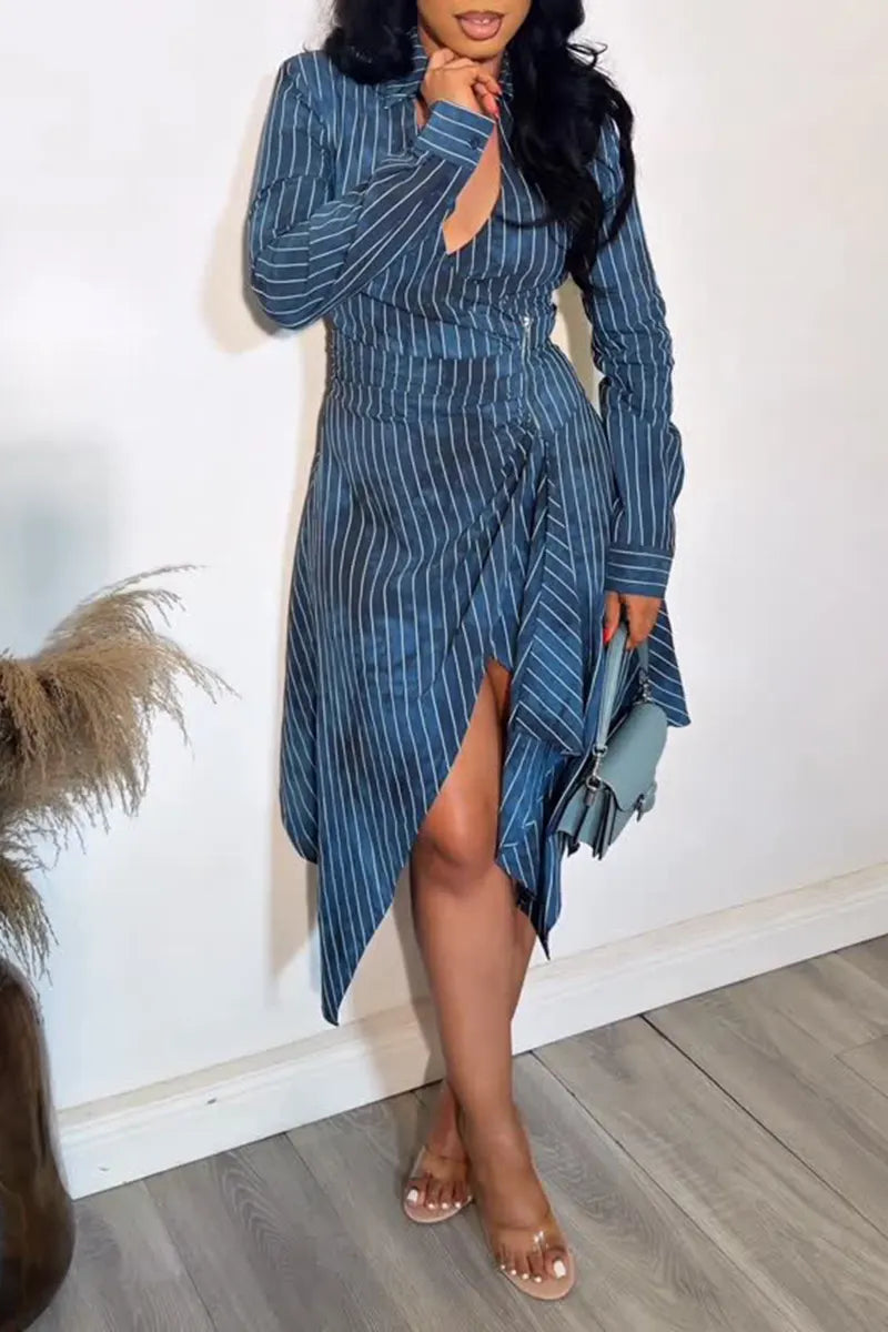 Women's Fashion Asymmetric Hem Stripe Print Dress