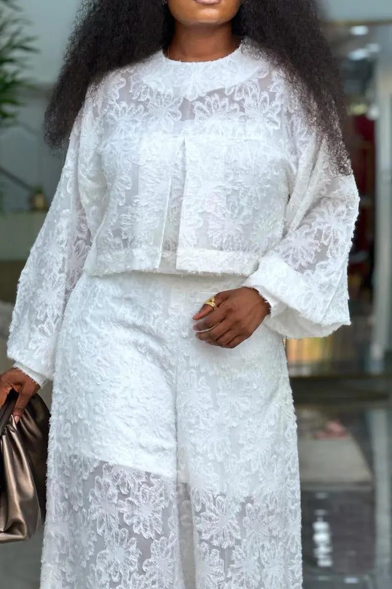 Women's Sheer Lace Long-Sleeve Top Or Wide-Leg Pants