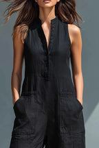 Women's  Casual Solid Black Casual Sleeveless Big Pocket Loose Linen Jumpsuit