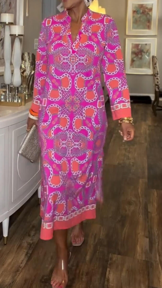 Women V-neck Long Sleeved Printed Elegant Casual Maxi Dresses