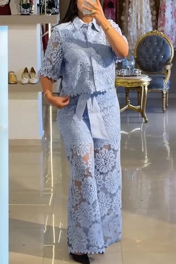 Women Collar Casual Lace Patterned Top or Wide Leg Pants