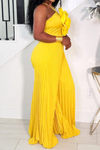 Women's Bright Yellow Halter Jumpsuit with Large 3D Flower and Pleated Pants