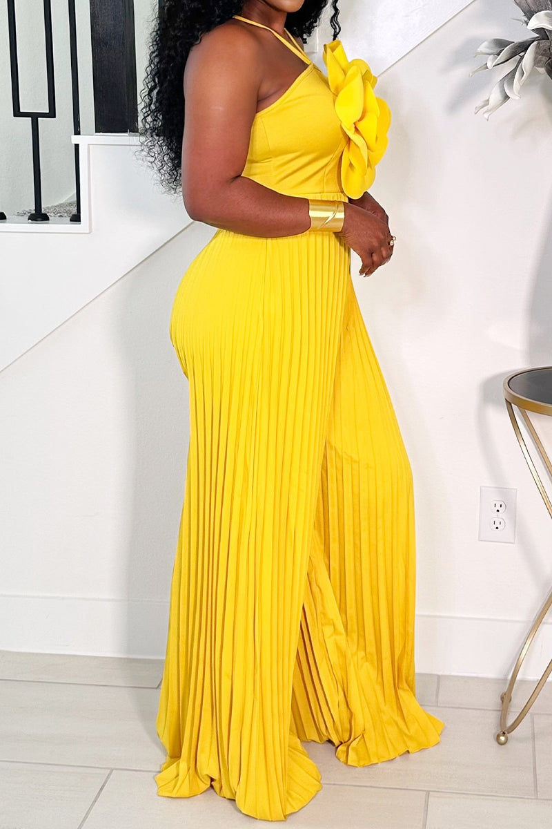 Women's Bright Yellow Halter Jumpsuit with Large 3D Flower and Pleated Pants