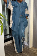 Women Collar Patchwork Hollow Denim Top or Wide Leg Jeans