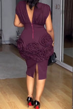 Women V-neck and Waist Cinched Three-dimensional Flower Elegant Temperament Midi Dresses