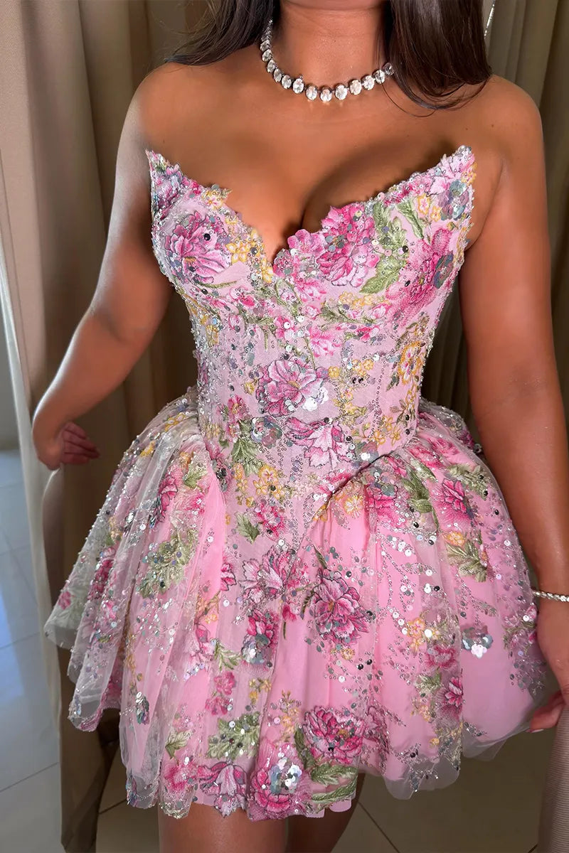 Women's Elegant Sequin Floral Mesh Bustier Dress