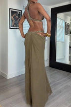 Women's Openwork Rhinestone Backless Long Party Dress