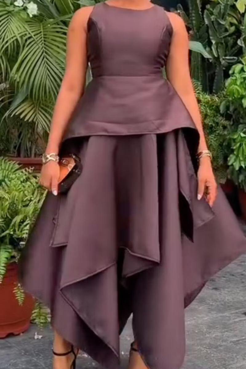 Women's Elegant Satin Peplum Waist Asymmetric Layered Maxi Dress