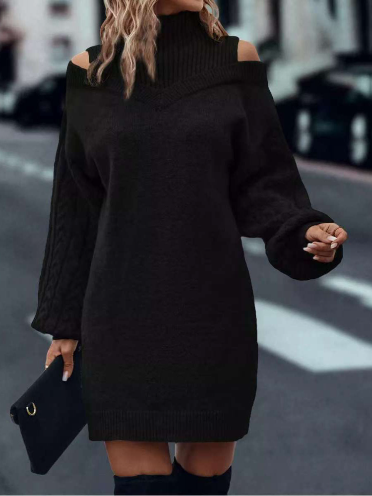 （ In stock）Women Half High Neck Off-Shoulder Long Sleeve Knitted Dress