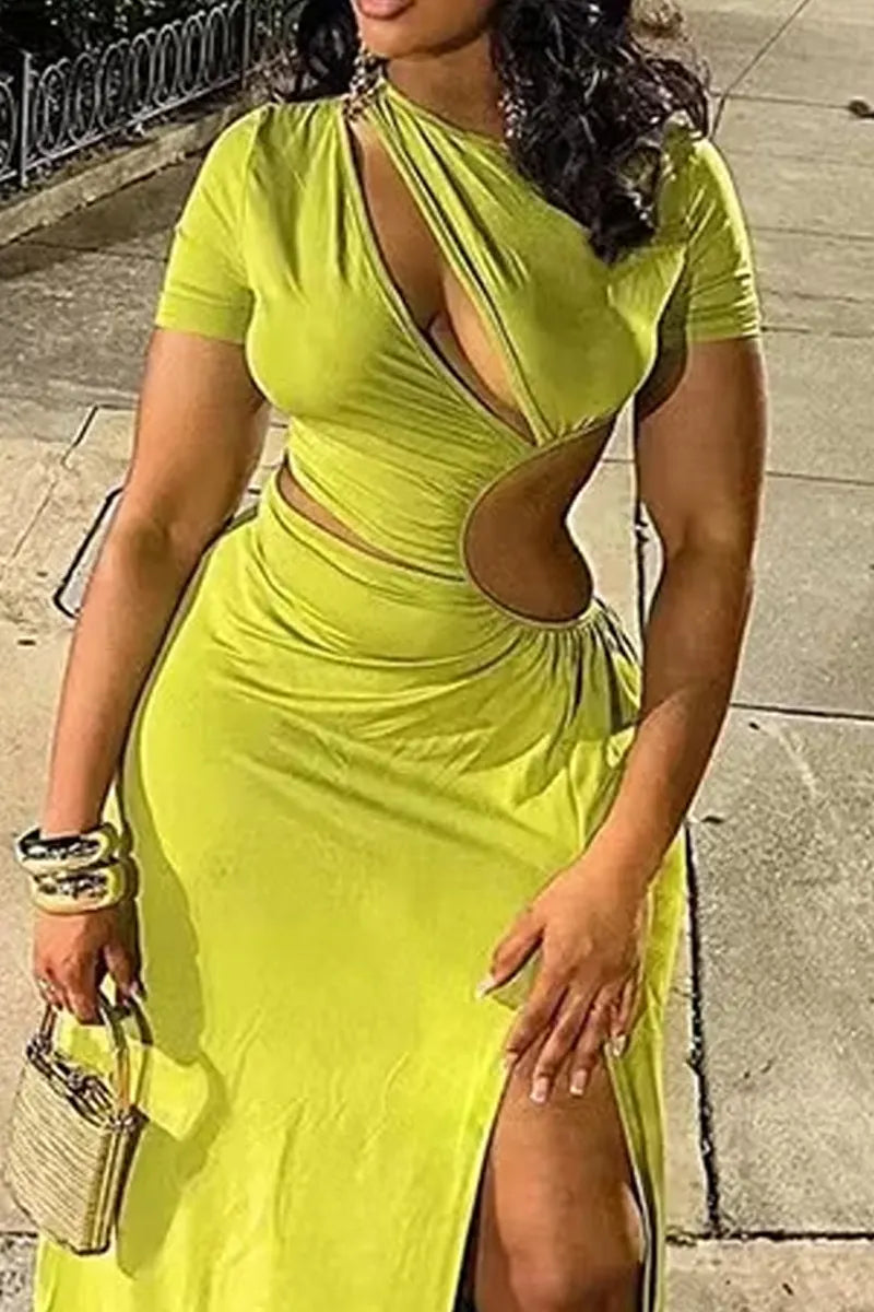 Women's Short Sleeve Ruched Maxi Dress with Bodycon Fit & Waist Cutouts