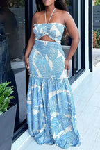 Women's Vacation Style Long Dress With Cutouts And Shirring