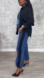 Women Laple Collar Splicing Denim Washing Water Casual Set
