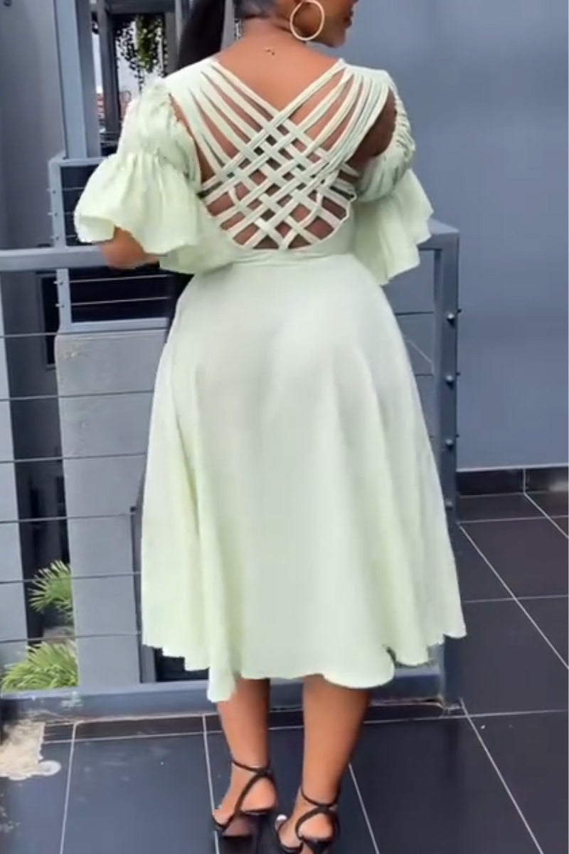 Women V-neck Back Cross Hollow Solid Color Elegant Casual Midi Dresses