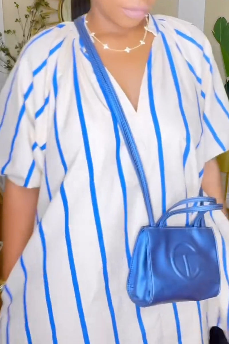 Women's Casual Puff Sleeve Stripe Loose Dress