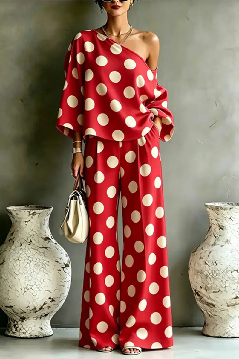 Women Colorful Polka Dot Off Shoulder Top+ Wide Leg Pants Two-piece Set