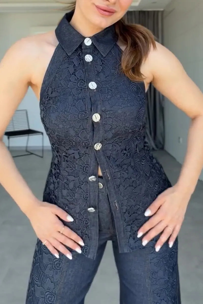 Women's Elegant Lace Panel Denim Vest & Jeans