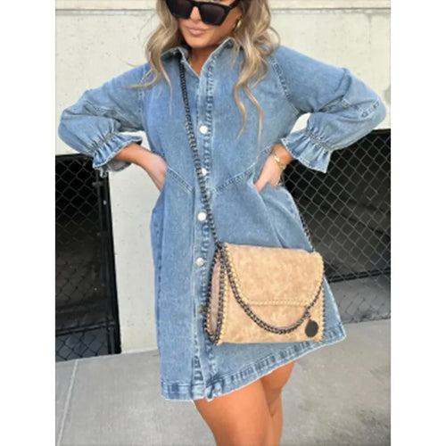 Ladies' Lapel Buckle Lantern Sleeves Casual Dress
