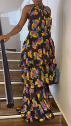 Womens Neck Hanging Sleeveless Printed Patchwork Elegant Temperament Dress