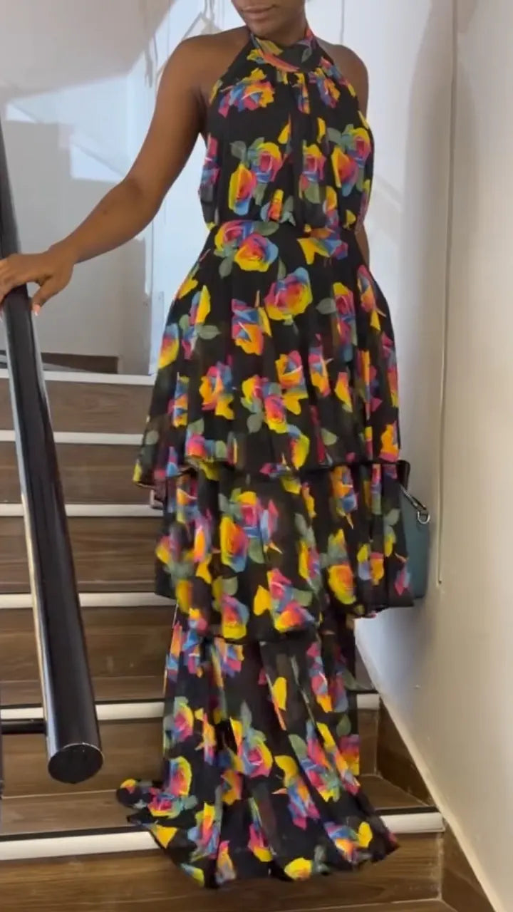 Womens Neck Hanging Sleeveless Printed Patchwork Elegant Temperament Dress