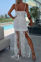 Women Spaghetti Strap Patchwork Tassel Woven Vacation Casual Style Maxi Dresses