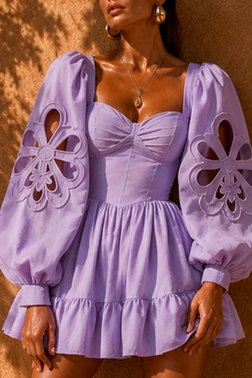 Women's Elegant Puff-Sleeve Square Neck Embroidered Mini Dress