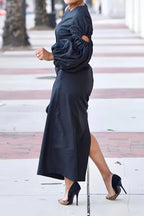 Women's Asymmetrical Black Maxi Dress with Single Statement Puff Sleeve