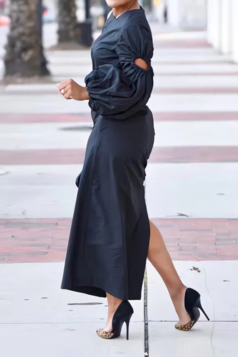 Women's Asymmetrical Black Maxi Dress with Single Statement Puff Sleeve