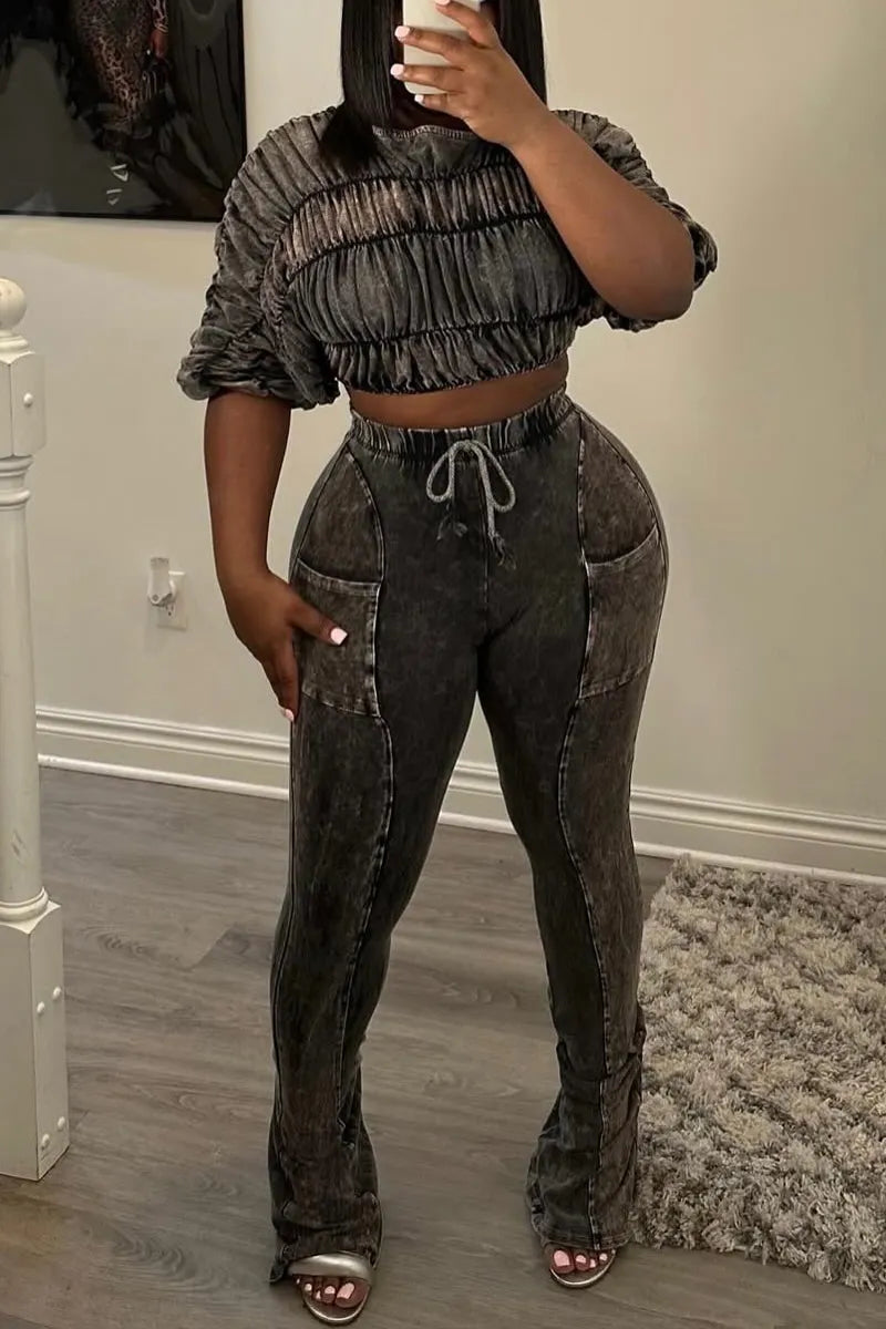 Women's Acid Wash Ruched Short Sleeve Crop Top or Drawstring Flare Pants