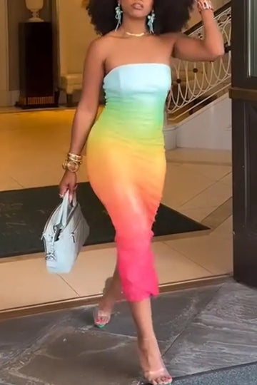 Women Strapless Colorful Elegant Temperament Midi Dresses