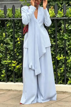 Women Collar Splicing Blazer+ Wide Leg Pants Temperament Commuting Formal Suit
